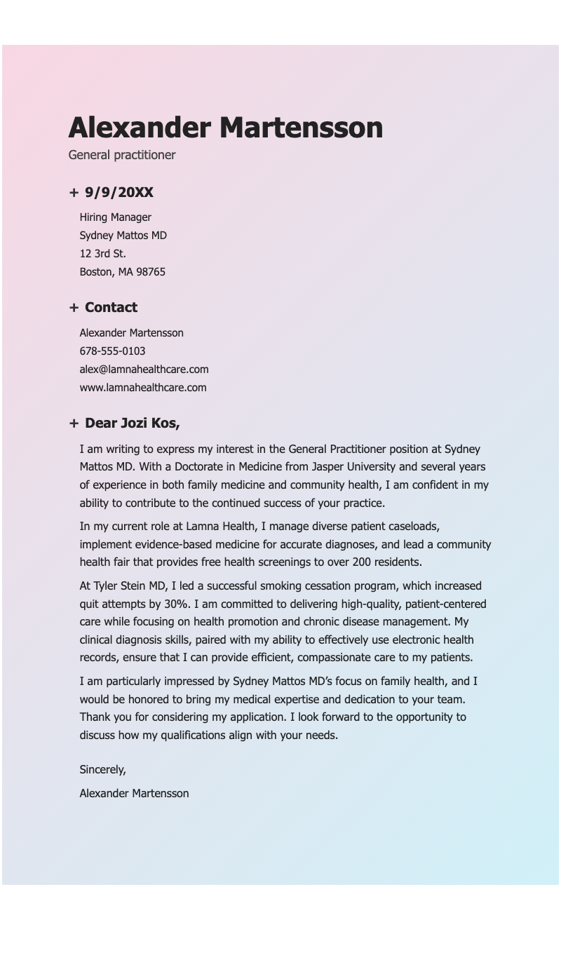ATS healthcare cover letter - Professional cover letter template with soft gradient design for healthcare practitioners seeking roles in medical practices.